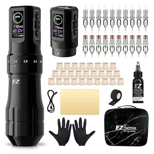 EZ Kit completo de tatuaje, P3 Pro, kit de ametralladora de tatuaje inalámbrica profesional con fuente de alimentación de batería extra de 1600 mAh