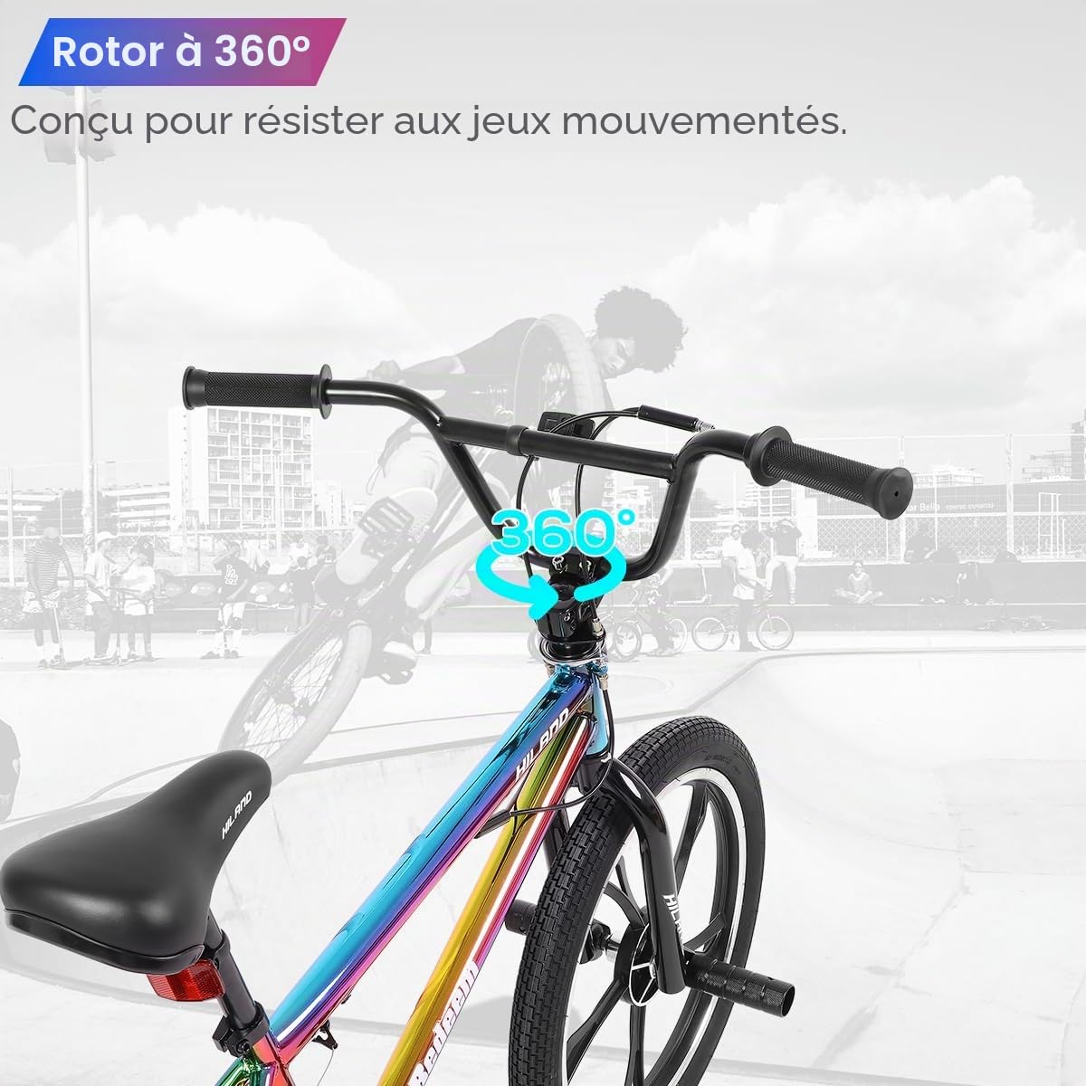 HILAND Vélo BMX 20 Pouces, 5 Rayons, Rotor 360°, Freestyle, 4 pegs, Convient aux Jeunes pour l'entraînement et Les Cascades, Couleur