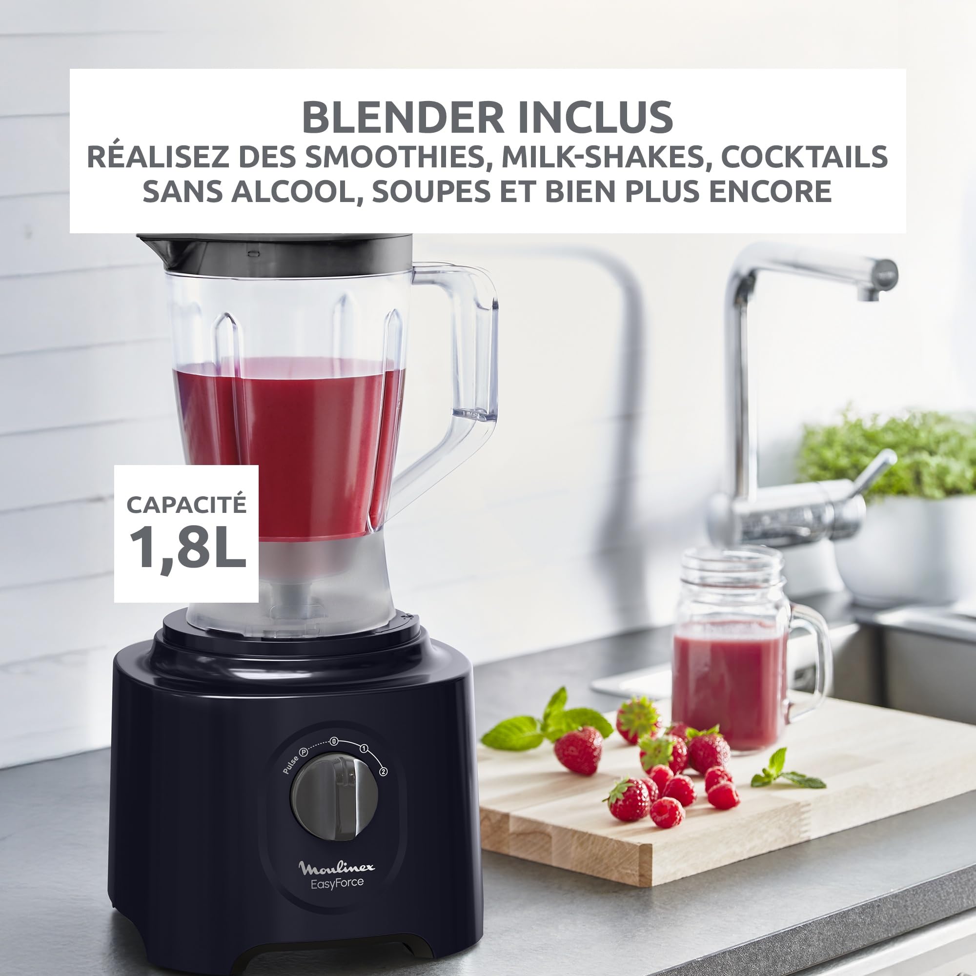 Moulinex Easy Force, Robot Cuisine Multifonction Compact 3L, 800W, 2 Vitesses + Pulse, 25 fonctions, 6 accessoires, Blender, Râpes, Bleu, FP247810