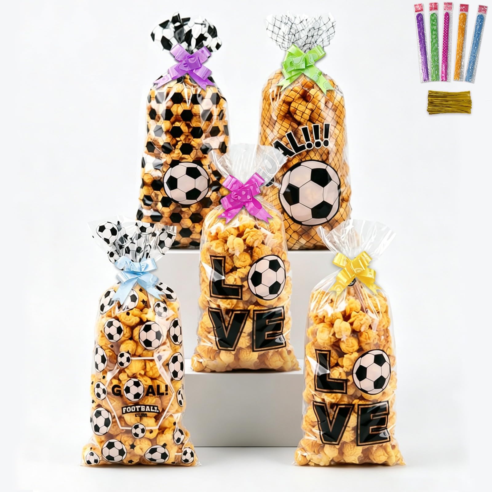 LIANRISES 50pcs 5"X10.8" Football Cellophane Bags, Soccer Party Candy Treat Bags, Sweet Cones, Football Snack Biscuit Gift Bag, Food Safe, with 50 Bows and 50 Twist Ties, for Team Birthday World Cup