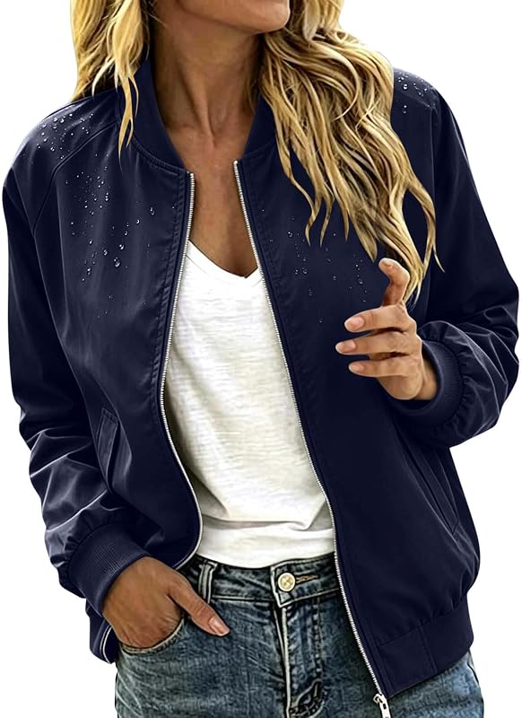 Womens Water Resistant Bomber Jacket Zip Up Baseball Collar Coat