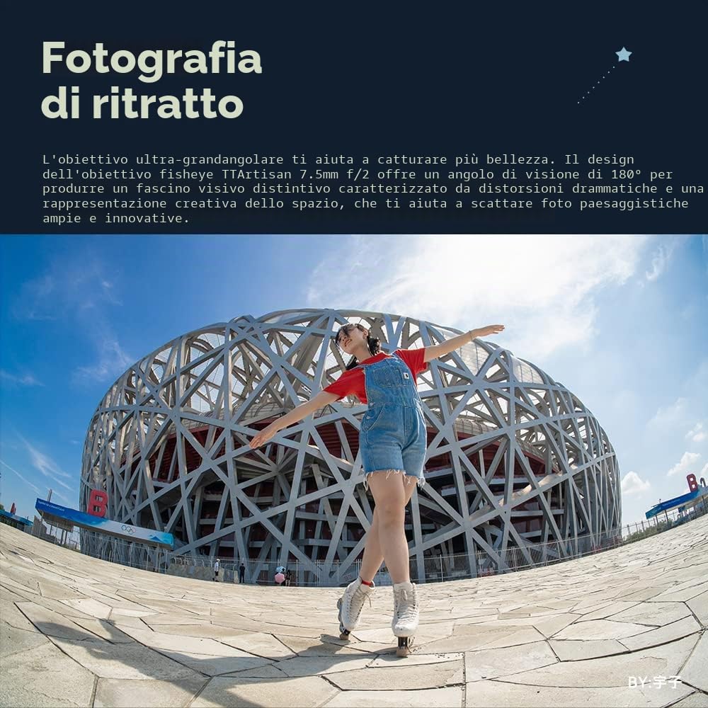 TTArtisan Obiettivo Fisheye da 7,5 mm F2.0 APS-C ad ampia apertura, compatibile con fotocamere Sony E Mount A5000, A5100, A6000, A6100, A6300, A6400, A6500, A6600, NEX-3, NEX-3N, NEX-3R