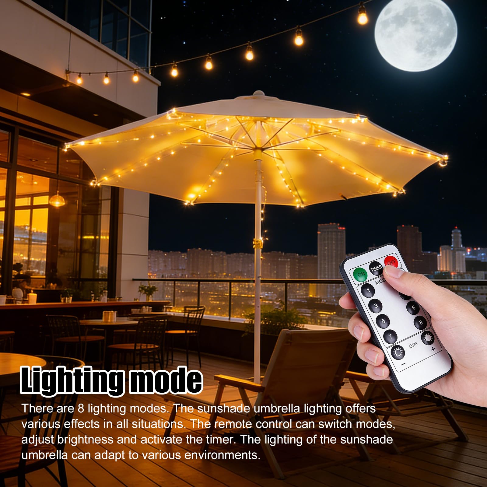PORFOYO Iluminación para sombrilla con mando a distancia, 104 LED, 8 modos, impermeable, para luces de jardín y tiendas de campaña