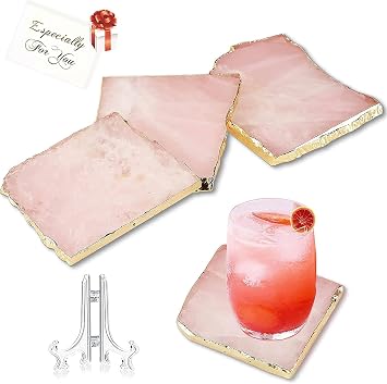 Rose Quartz Irregular Coaster Set of 4, 3.5-4" Pink Agate Coasters with Displaying Stand,Natural Stone Crystal Coasters with Gold Rim,Irregular Shaped for Home Decor