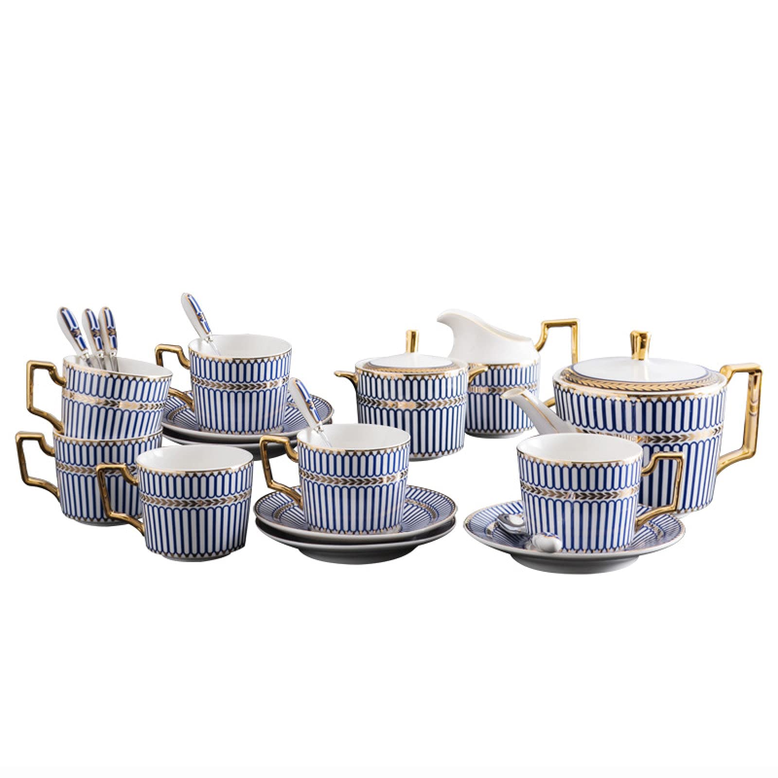 zestaw do herbaty, 15 szt. Porcelanowy zestaw do herbaty Zestawy filiżanek i spodków kawy Zestaw Serwis herbaciany Niebieskie paski Czajniczek, Cukiernica, Dzbanek śmietanki