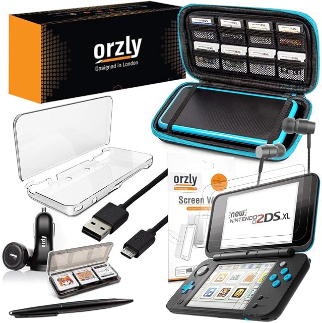 Orzly 2DSXL Accessories, Ultimate Starter Pack for New Nintendo 2DS XL (Bundle includes: Car Charger/USB Charging Cable/Blue Stripe Edition Console Case & more