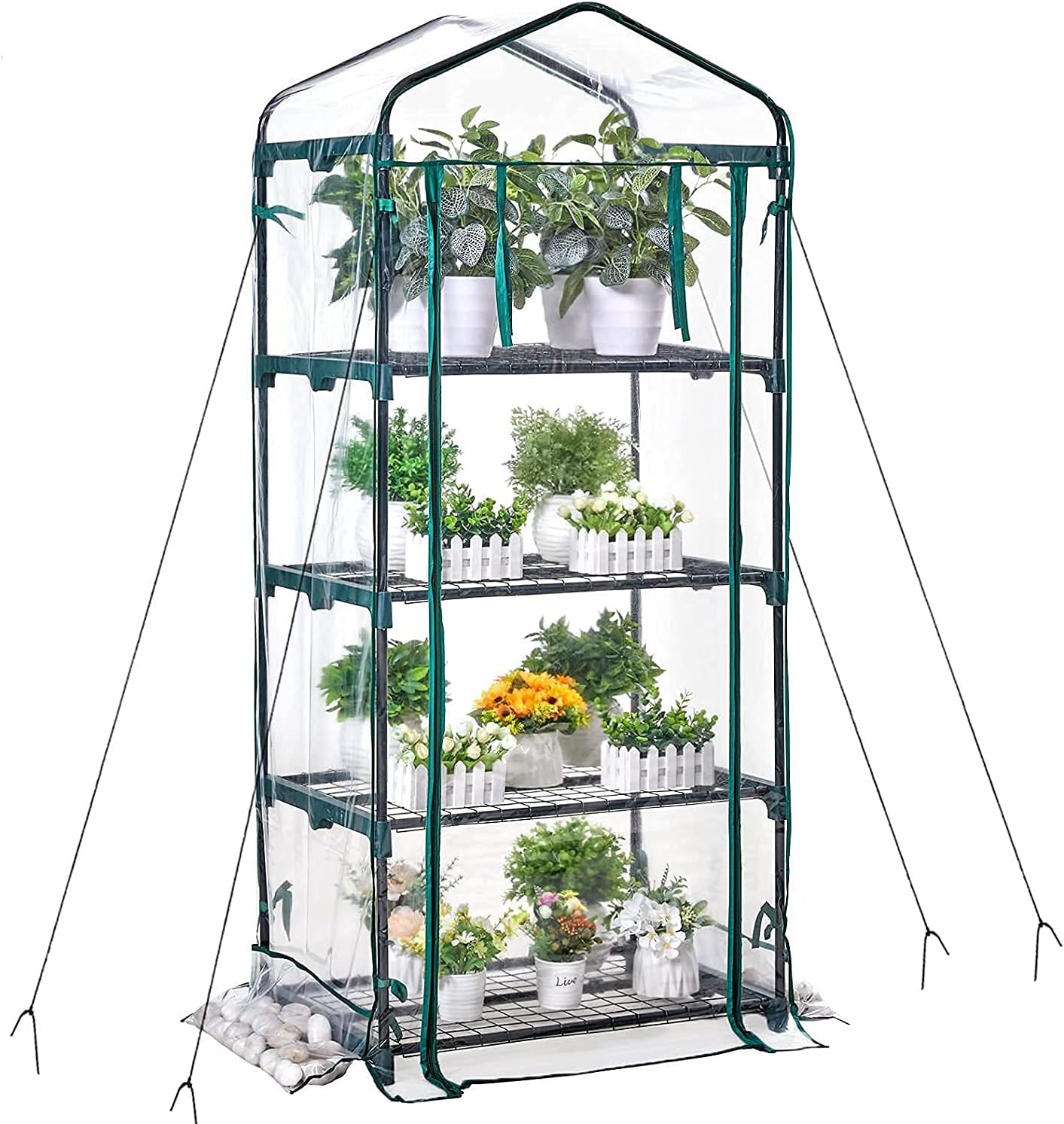 Amerlife 4 Tier Mini Greenhouse with Side Bags, Portable Green House with Zippered PVC Cover, Garden Yard Indoor Outdoor use, 63 x 28 x 20 Inches