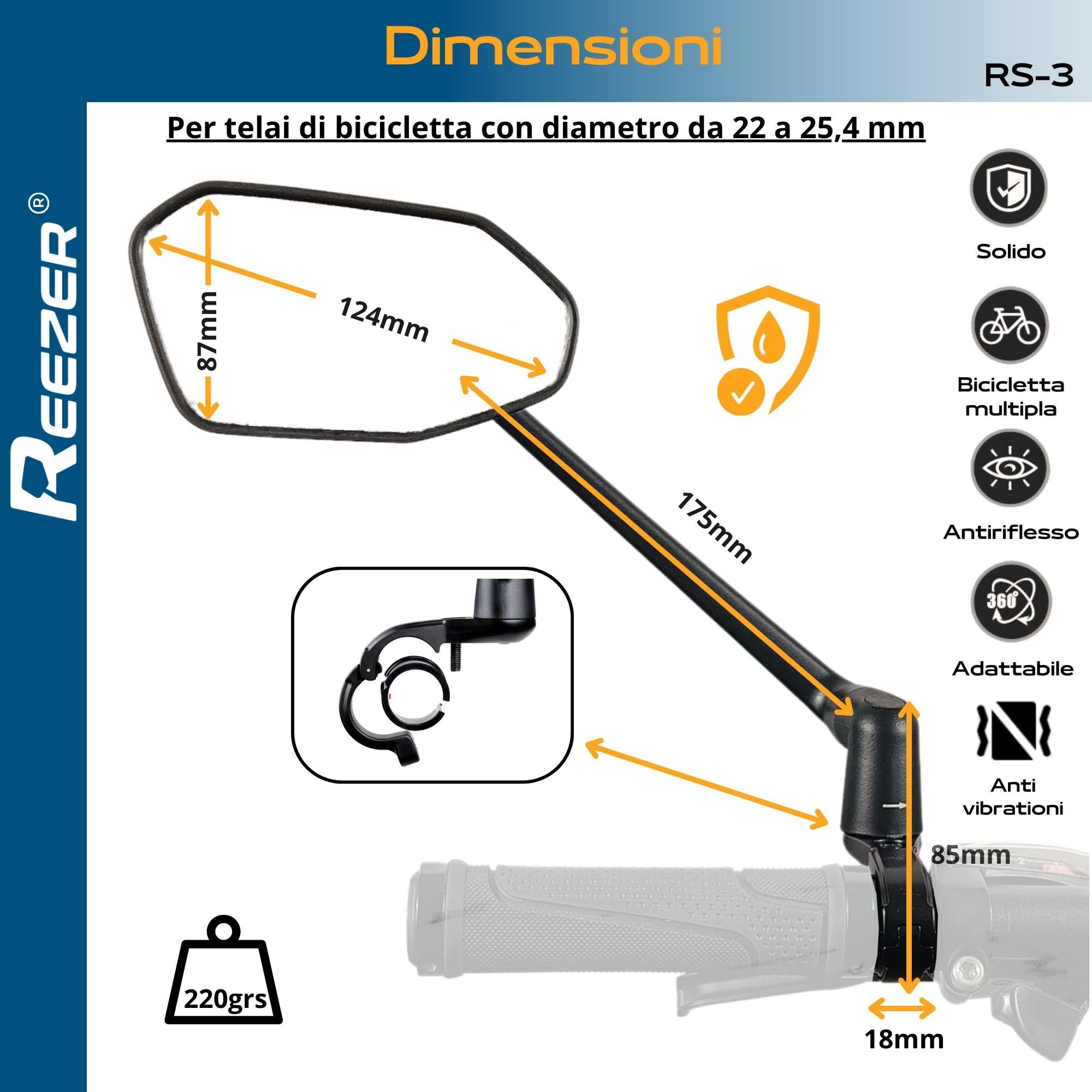 REEZER - Specchietto retrovisore per bicicletta RS03 - Specchietto per e-bike - Specchietto per monopattino elettrico - Per manubri da 22 a 25,4 mm - Regolabile a 360° SINISTRO