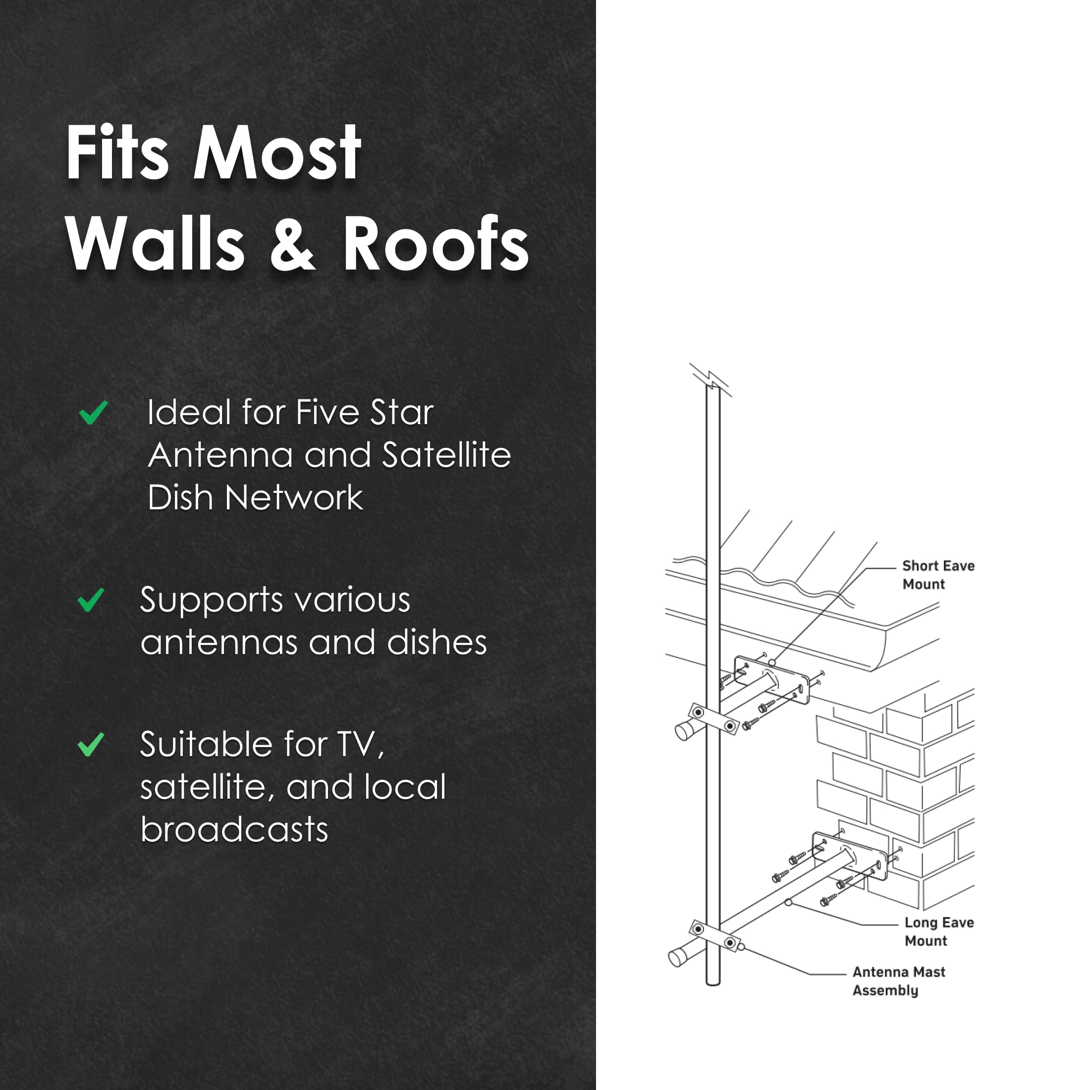 Five Star Kit de montage d'antenne TV pour antenne parabolique, résistant aux intempéries, structure solide, installation facile pour toit et mur avec matériel inclus