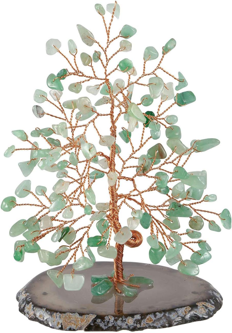 Top Plaza Green Aventurine Chakra Healing Crystals Copper Money Tree Wrapped On Natural Agate Slices Geode Base Luck Reiki Feng Shui Figurine Statue
