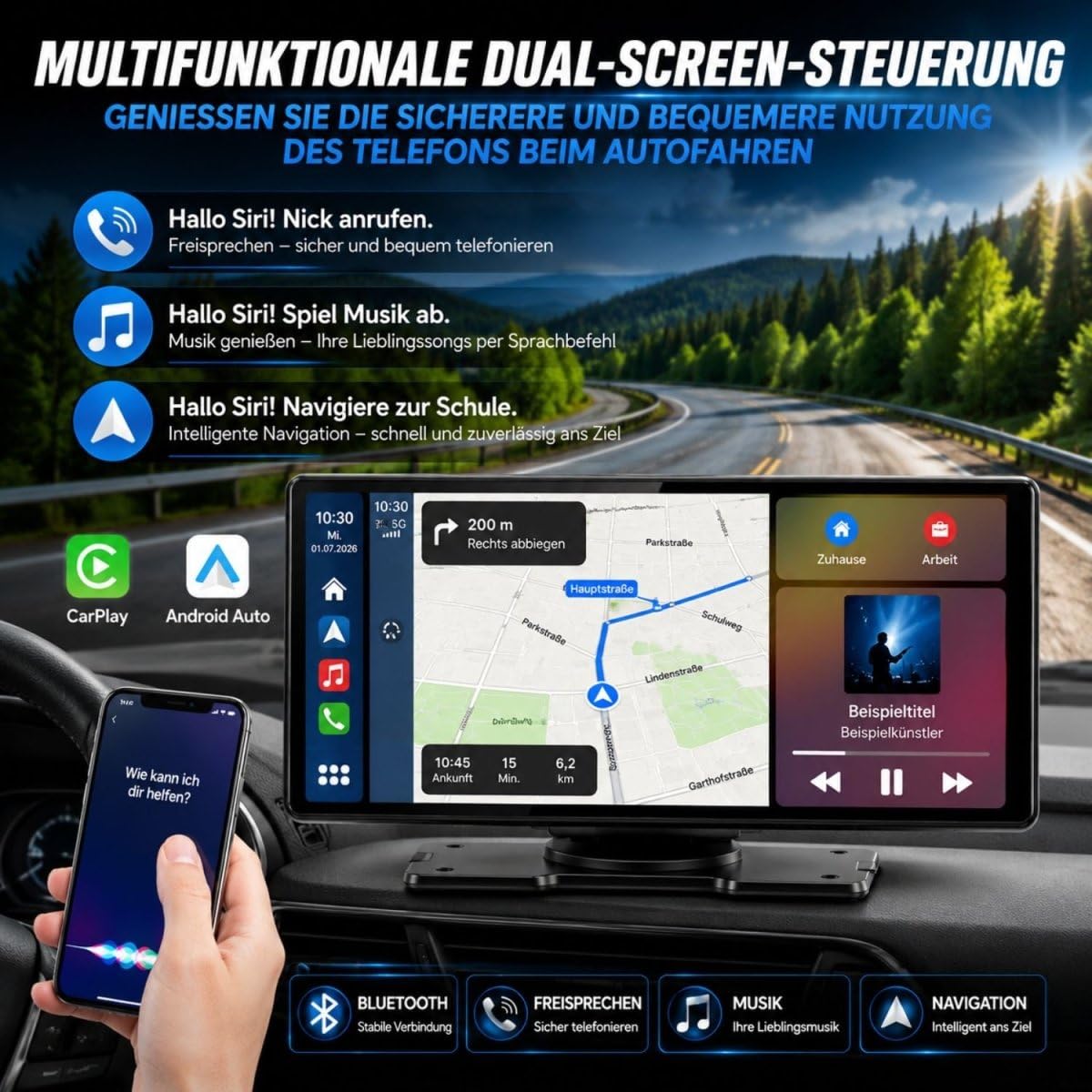 Elebest CarPlay C1026 – 10,26 Zoll Touch Navi mit kabellosem Apple CarPlay & Android Auto, 4K Dashcam vorne, Rückfahrkamera, GPS, Bluetooth & Sprachsteuerung
