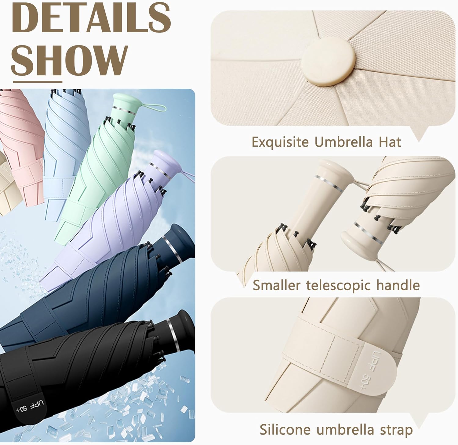 Mini Folding Travel Umbrella with Built-in Hidden Telescoping Handle,Teflon Coating, UPF 50+,UV Protection,Compact Lightweight Portable,6 Ribs Design,Small,Sun/Rain,Women/ Kids/Girls,Backpack Car - Image 3