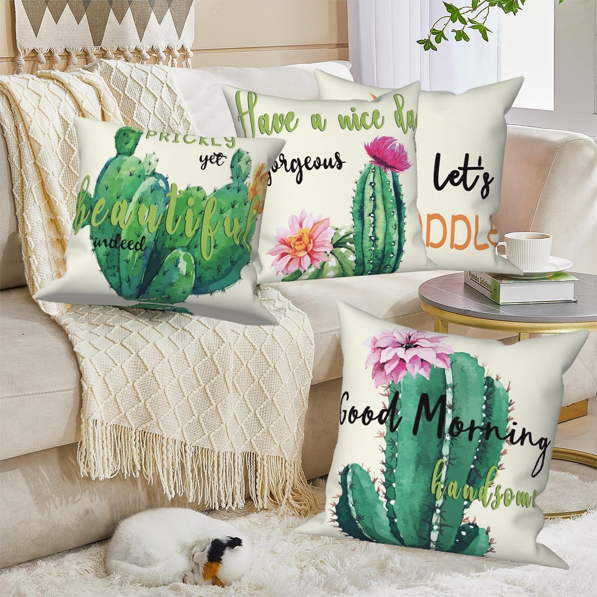 4 Pcs/Set Green Cactus Pillow Covers Summer Tropical Succulents Plants Floral Colorful Flowers Quote Watercolor Throw Pillow Covers for Home Outdoor Sofa Bedroom Couch, 18"x18"