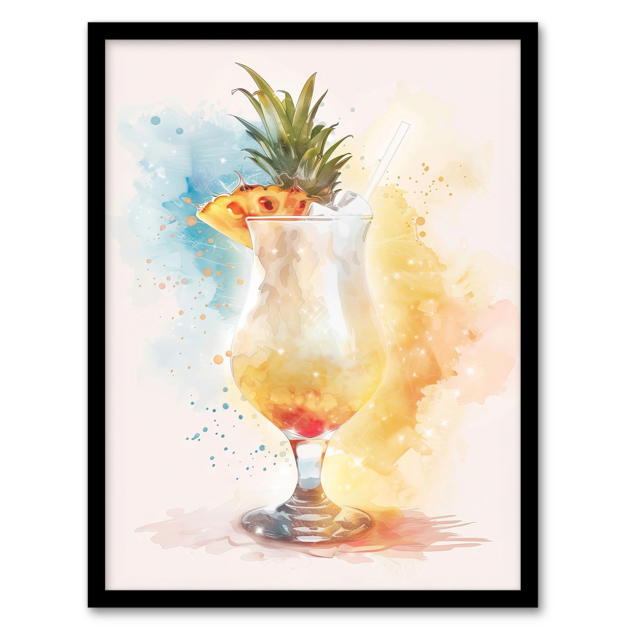 Artery8 Pina Colada Pineapple Slice Cocktail Watercolour Kitchen Artwork Framed Wall Art Print A4