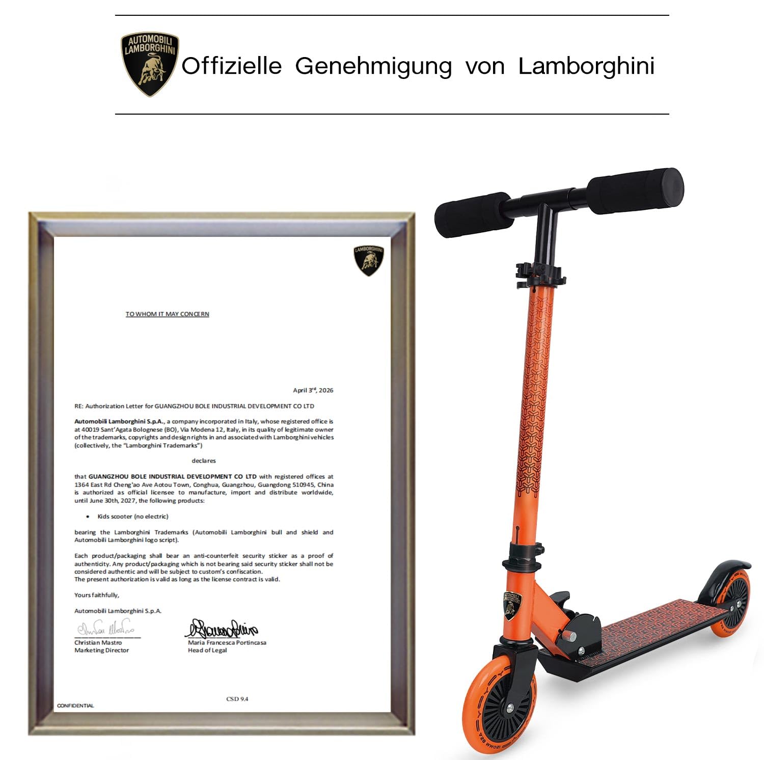 Lamborghini Roller Kinder 5+ Jahre, 2 Räder Scooter, Orange | Faltbar, Höhenverstellbar, Leichtgewichtig, Rutschfeste Trittfläche & Schaumstoffgriff
