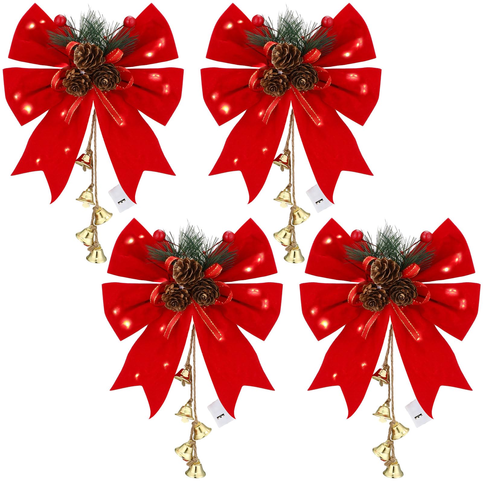 Photo 1 of 4 Pcs 12 Inches LED Large Red Christmas Bows Decorations Christmas Wreath Bows Xmas Decorative Bows Ornament with Bell and Pine Cone for Xmas Tree Party Supplies Home Indoor Outdoor Decor