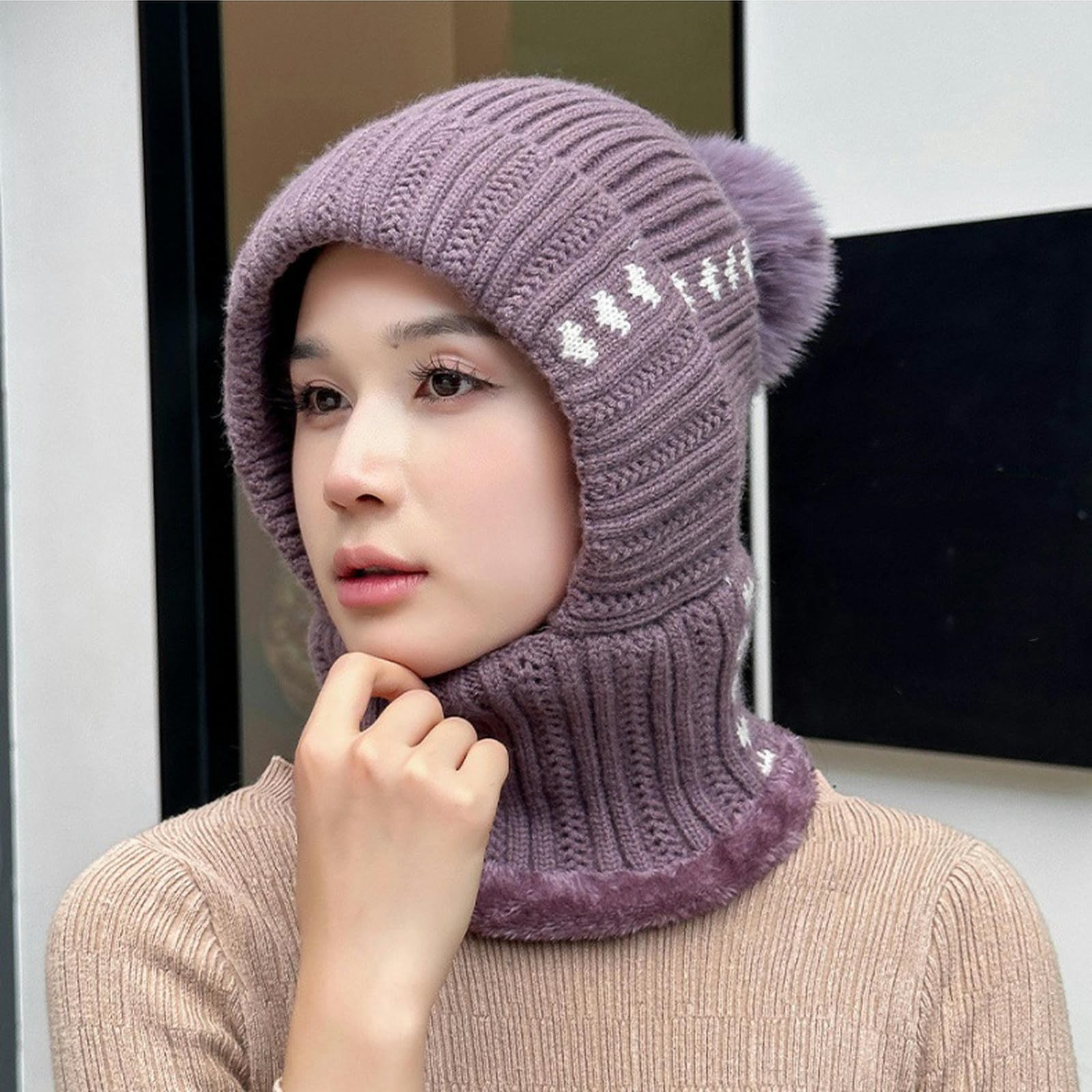 Sombrero Invierno Mujer Sombrero De Invierno para Mujeres, Máscara, Protección De La Oreja, Sombrero De Punto De Una Pieza, Lana A Prueba De Libre para Mujeres-púrpura