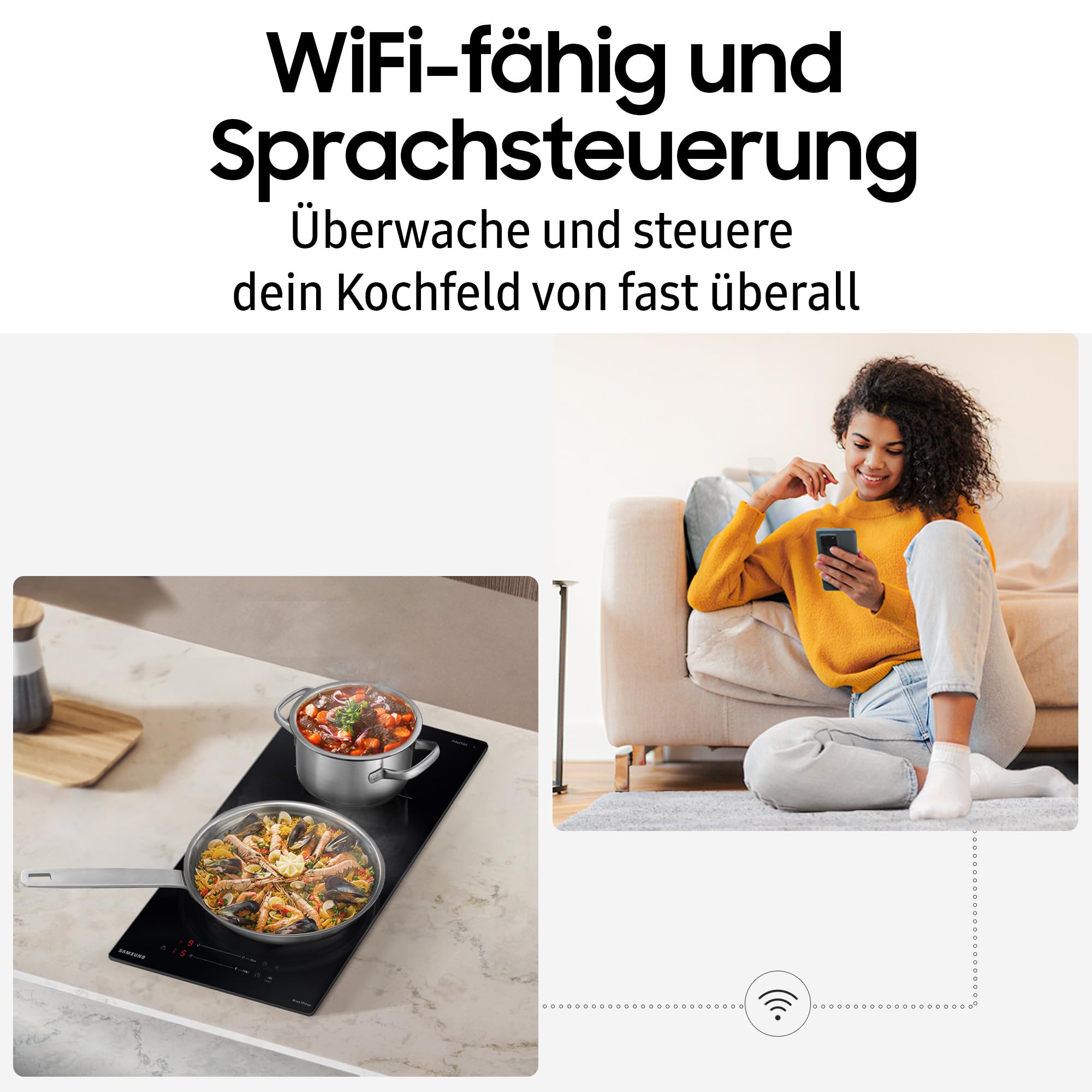Samsung NZ32BG2005FKU1 Autarkes Induktionskochfeld, 2 Platten, 30 cm breit, Koch-Zonen aus Glaskeramik, Sensortasten mit Slider, Wi-Fi-Steuerung, Kindersicherung, Timer, Restwärmeanzeige, Schwarz
