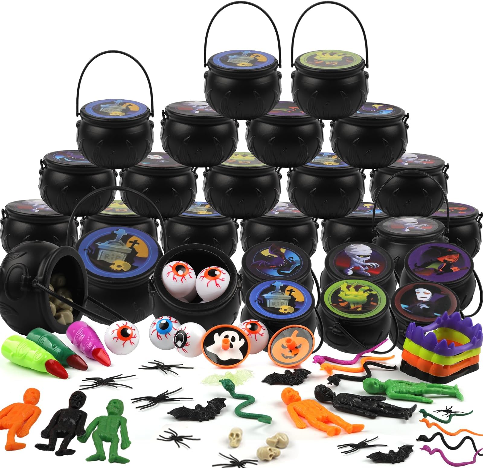 YIYAYiYa 264 PCS Halloween Mini Witch Cauldron Set - 24 Pack Small Plastic Black Candy Cauldron With Spider, Bat, Skull, Snakes for Witch Hocus Pocus Party Decorations