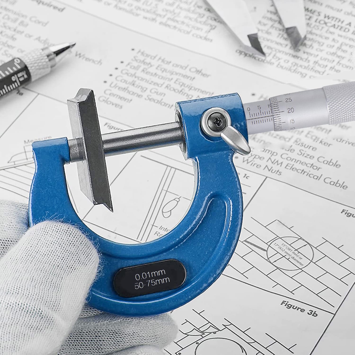 Set di 3 viti per misurazione, precisione 0,01 mm, diametro esterno micrometro in acciaio da 25 mm, asta di calibrazione da 50 mm, campo di misurazione 0-25 mm, 25-50 mm, 50-75 mm