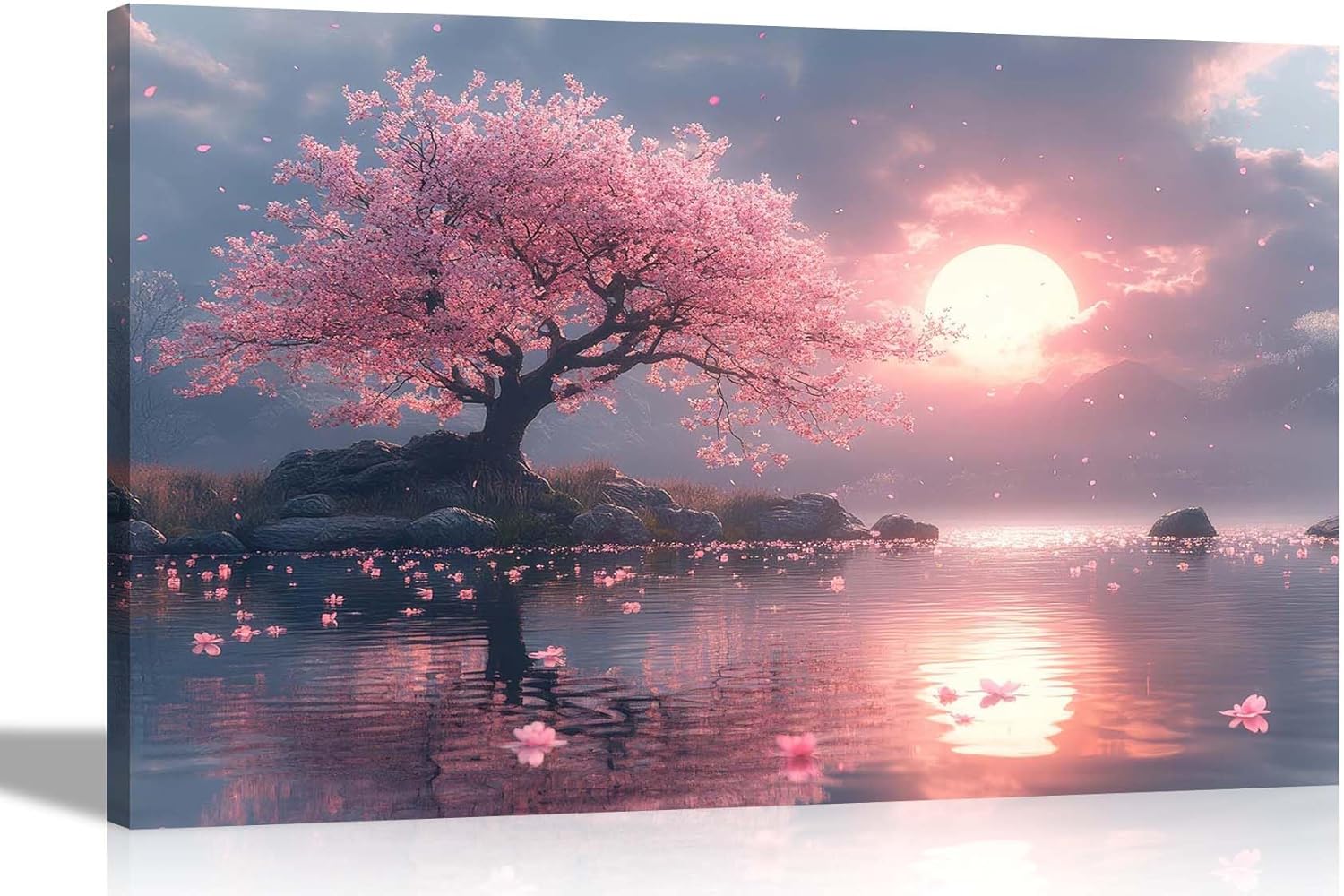 Artley Prints - Night Fall Pink Blossom Tree Lake Canvas Wall Art Prints Home Office Bedroom Star Scenary Pictures Decoration 60 X 40cm (24 X 16 Inches) A2 - View #12