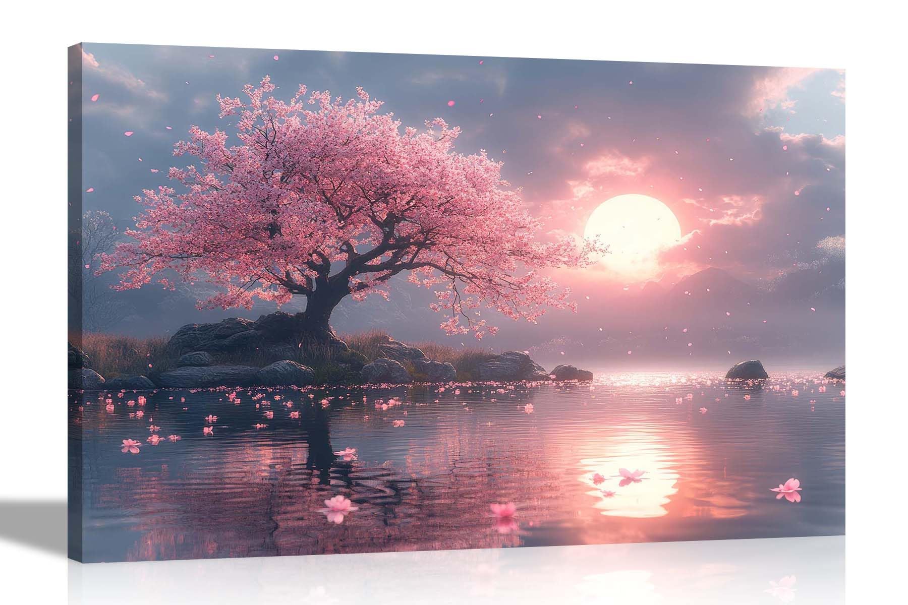 Artley Prints Sunset Landscape Pink Tree - Sunset Lake Pink Tree Water Reflection Canvas Wall Art Prints Home Decor Living Room Bedroom Pictures 76 X 50Cm (30 X 20 Inches)