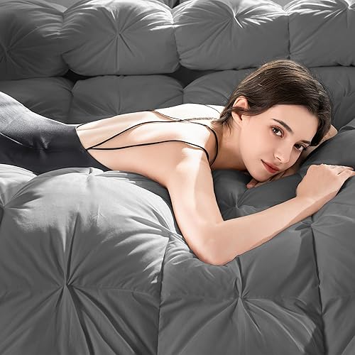 Miniatura 8 de ELNIDO QUEEN Edredón de plumas tamaño Queen, lujoso edredón de cama plisado gris de hotel, ultra suave para todas las estaciones, funda 100%
