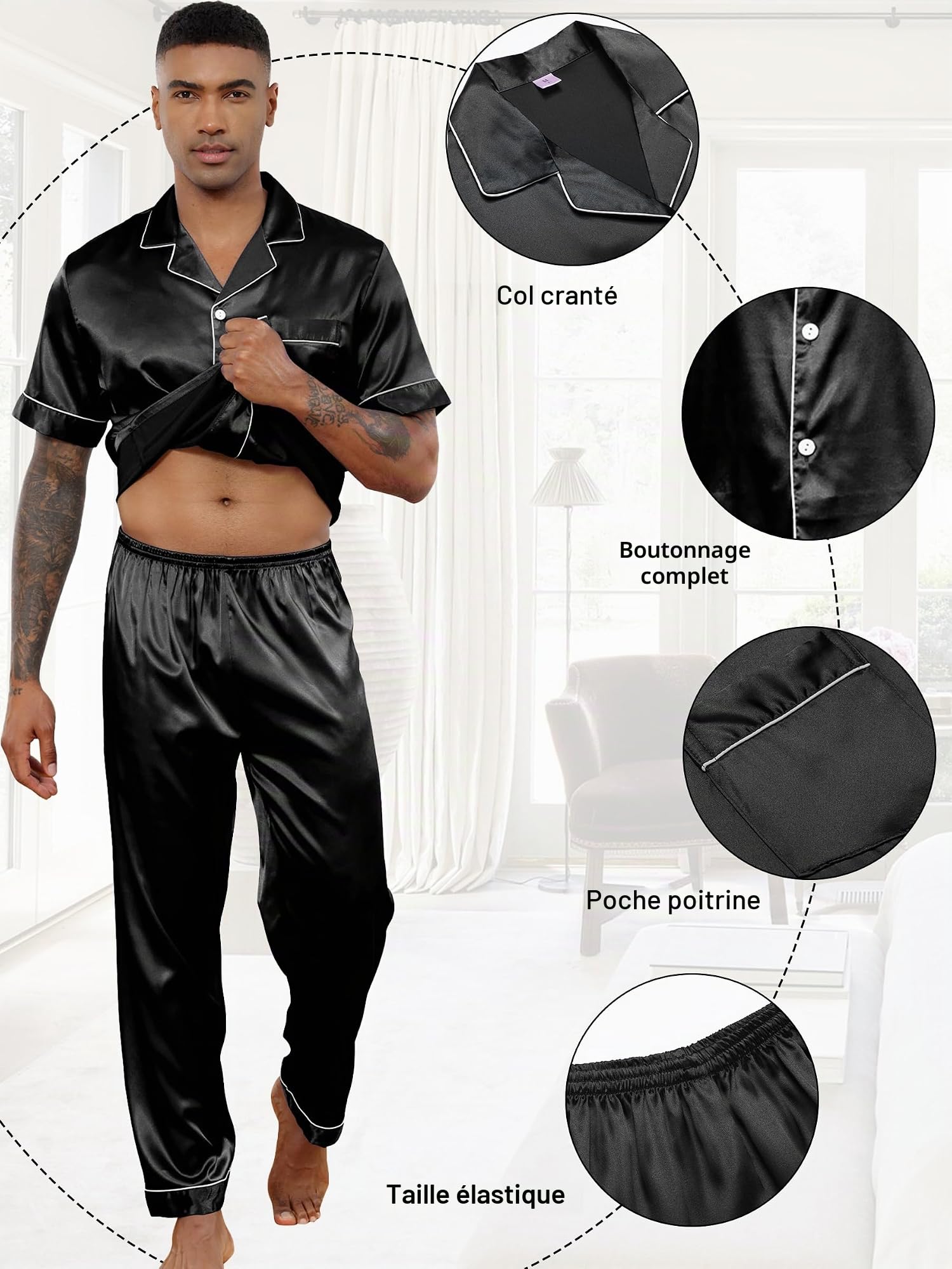Ensemble de Pyjama Homme en Satin Pyjama en Soie Boutonné 2 Pièces Haut à Manches Longues et Pantalon Long Vêtements de Nuit Été Confortable Sleepwear