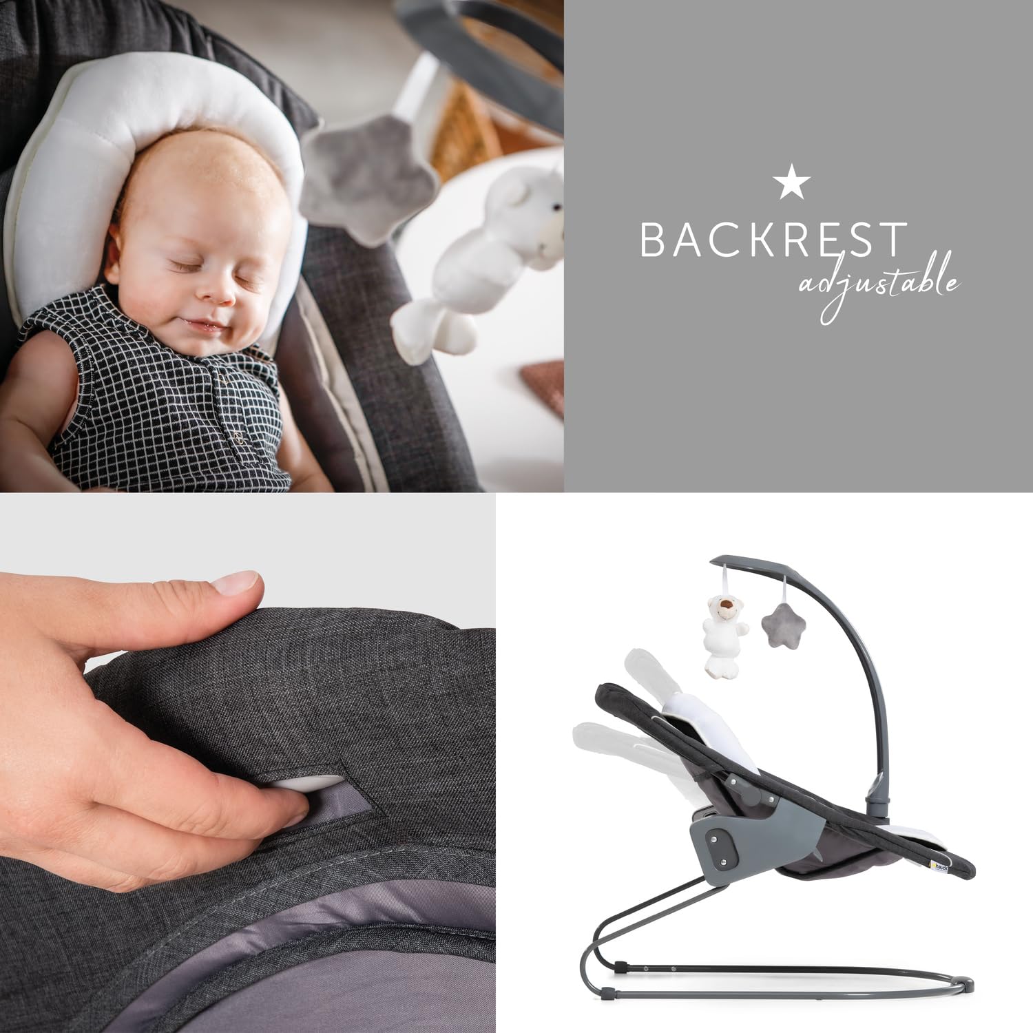 hauck Alpha Bouncer Deluxe 2 en 1 Hamaca Trona Evolutiva, Grey | Compatible con Alpha+ y Beta+, para recién nacidos hasta 9 kg, con arco de juegos, reductor de asiento y función de balanceo