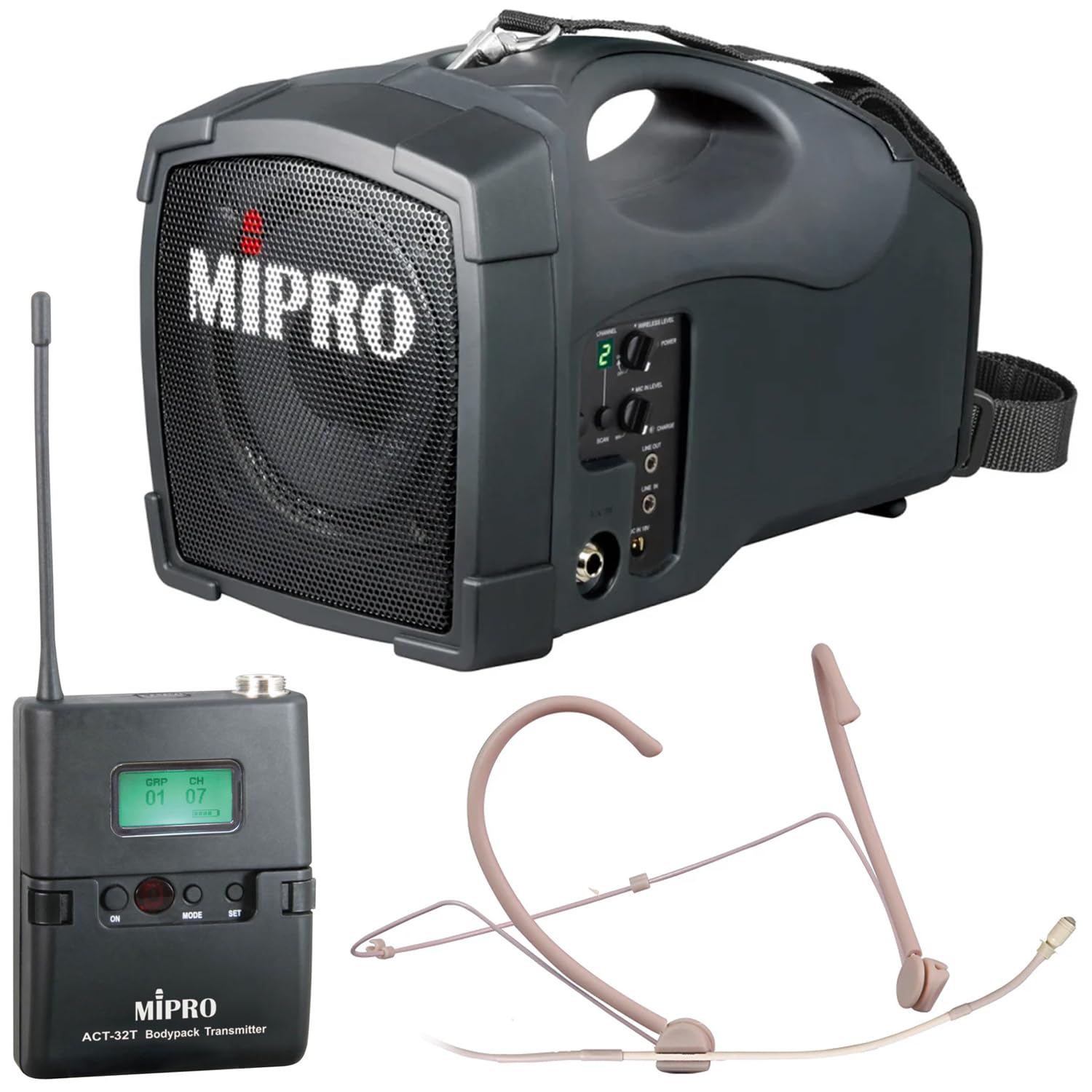 Mipro MA-101B przenośny głośnik z nadajnikiem radiowym ACT32T i mikrofonem słuchawkowym MU-55HNS-3M