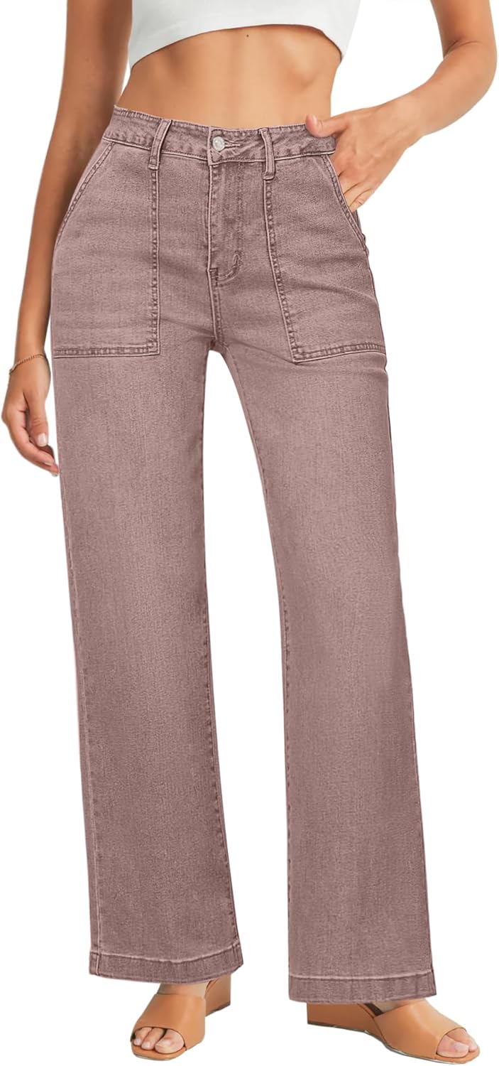 GRAPENT Jeans for Women High Waisted Straight Leg Jeans Stretchy Trendy Wide Leg Denim Pants Jean Trousers Patch Pockets
