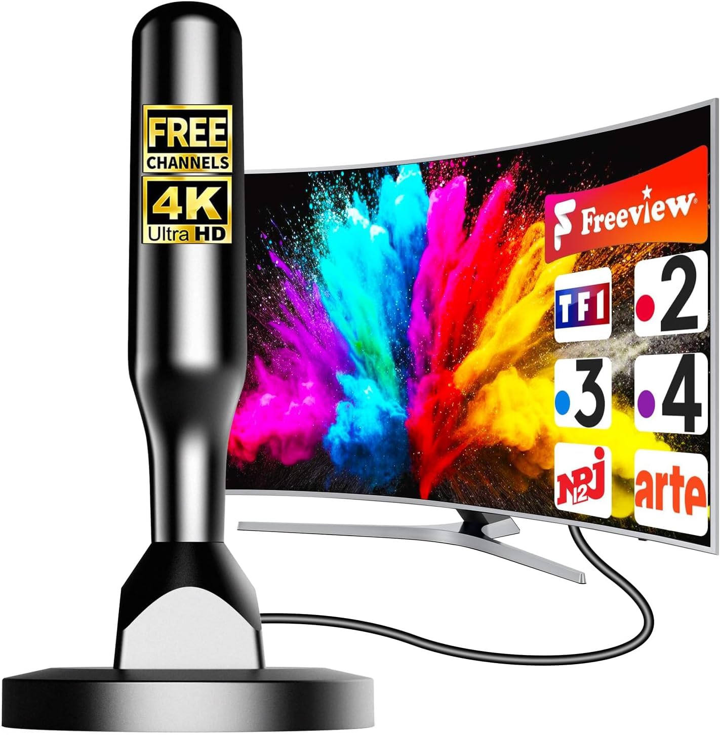 Antenne TV Intérieur Puissante 2026, Antenne TNT Intérieur Amplifiée 360° pour Smart TV, Amplificateur Signal 500km, Chaînes Gratuites 4K 1080P HD, Base Magnétique, Câble 3M