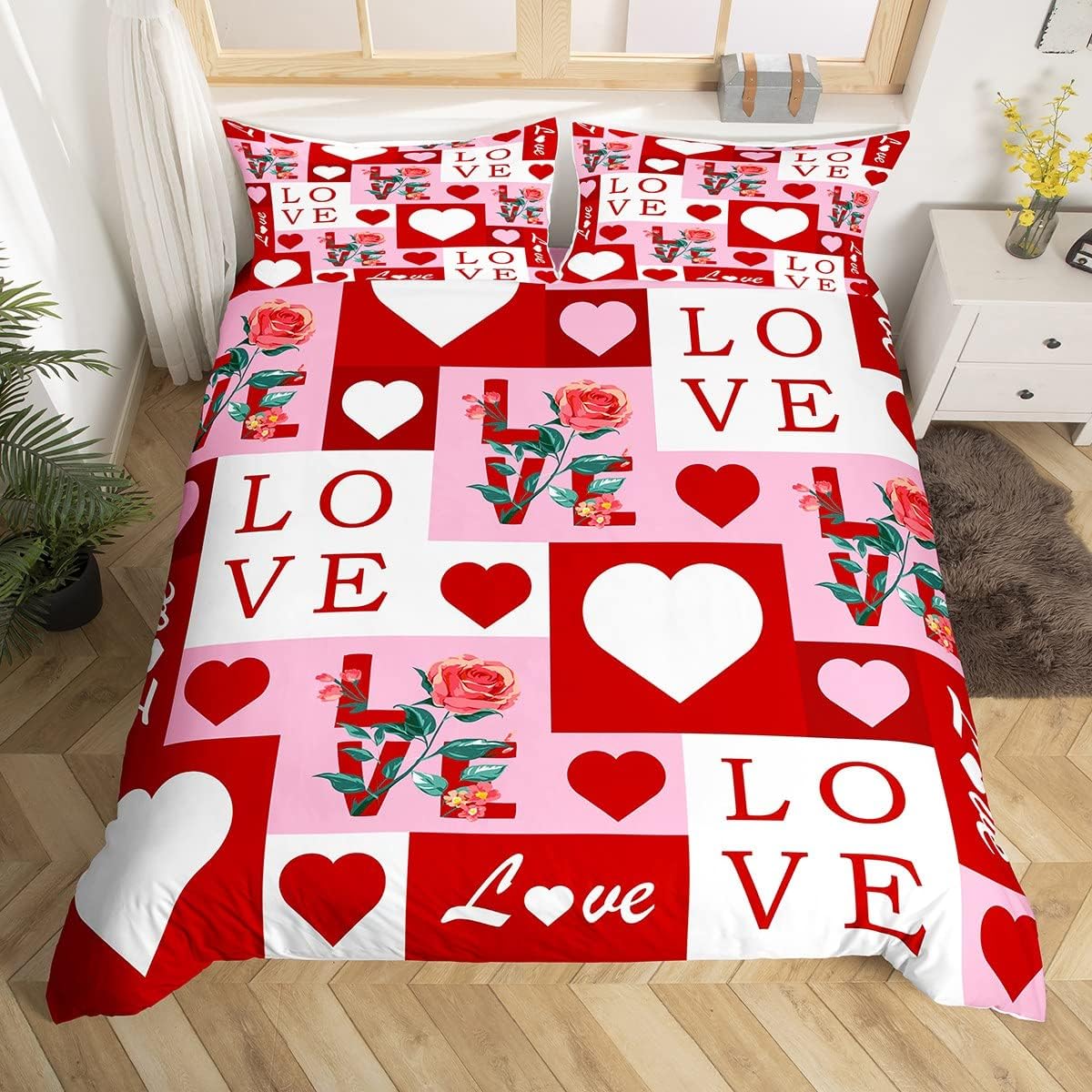 Parure de lit 240x220 moderne motif cœur rouge blanc et patchwork rose pour enfants et adultes