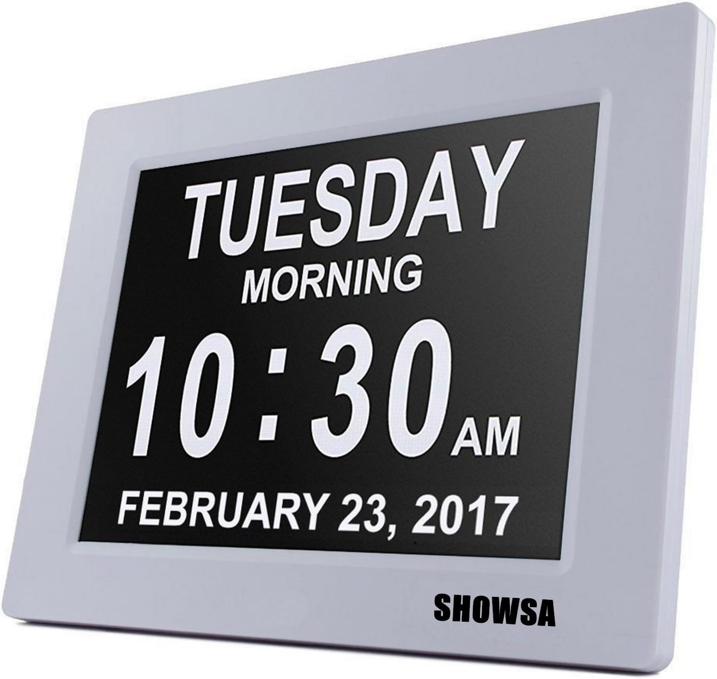 New Upgrade Day Clock, Metal Shell Digital Clock, 5 Daily Alarms & 3 Medicine Reminder Digital Calendar Alarm Clock Elderly Extra Large, Reminder for Impaired Vision & Dementia Alzheimer's (White)