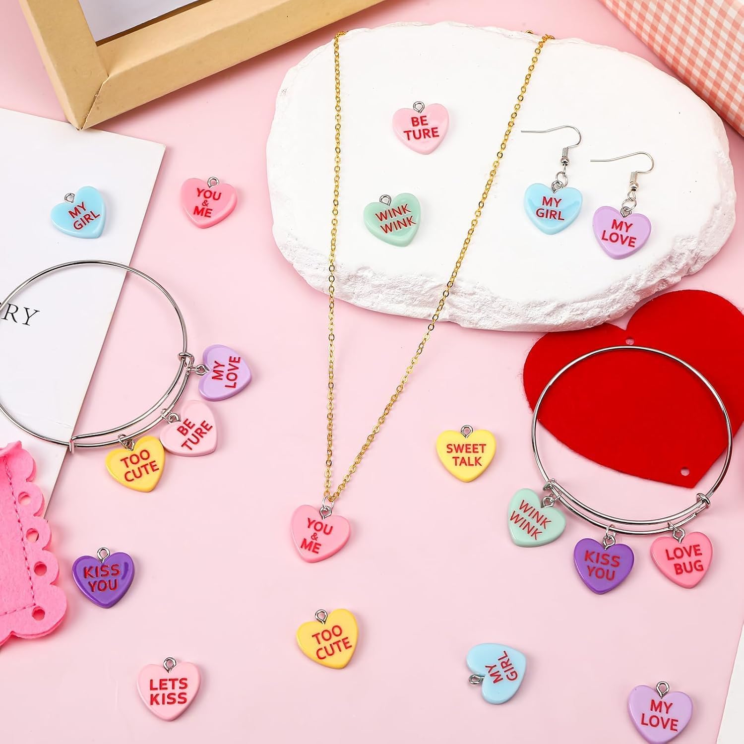 90 Pcs Valentines Heart Charms, Conversation Candy Flat Resin Pendants for Valentine's Day Jewelry Making Beads DIY Crafts Bracelets Necklace - Image 5