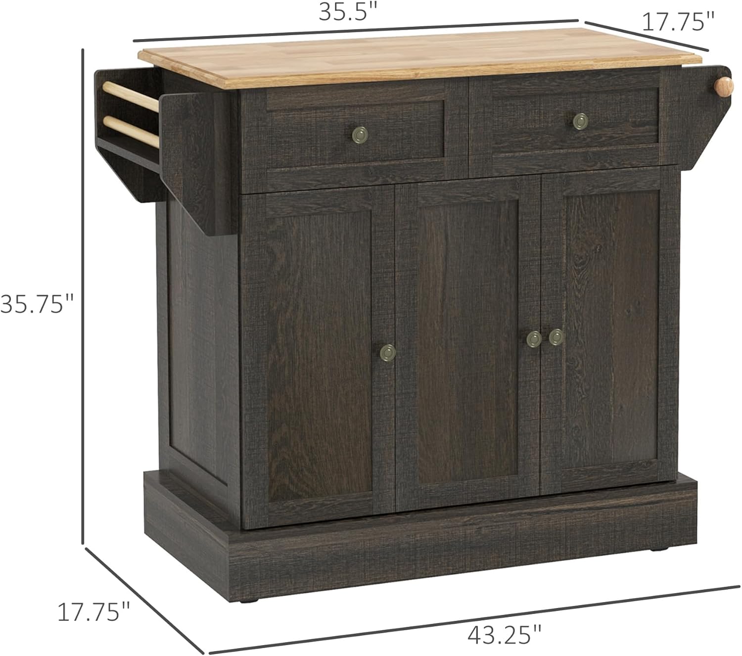 Triple-Cabinet Kitchen Island on Wheels, Kitchen Storage Cabinet with Drawers & Countertop, Rolling Utility Cart with Wood Top, Towel Rack, Spice Stand, Distressed Brown