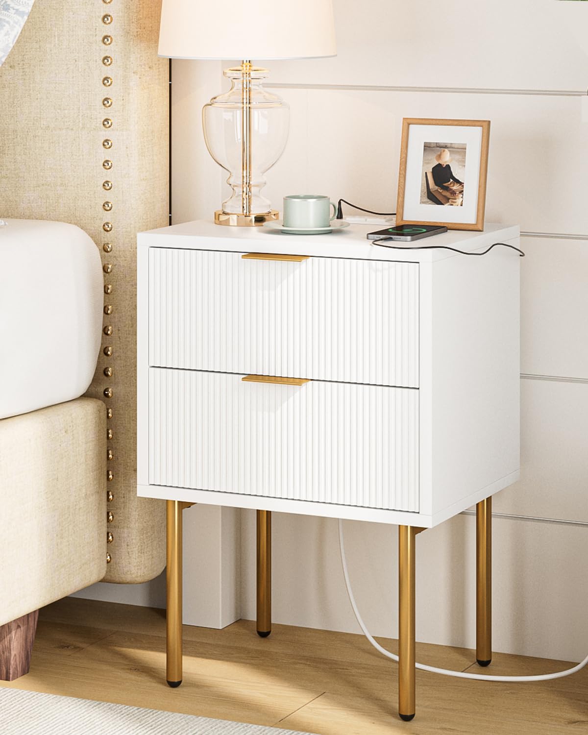 Masupu Nightstand with Charging Station,Mid-Century Modern Bedside Table with 2 Storage Drawer,Small Gold Frame Side End Table for Bedroom,Living Room