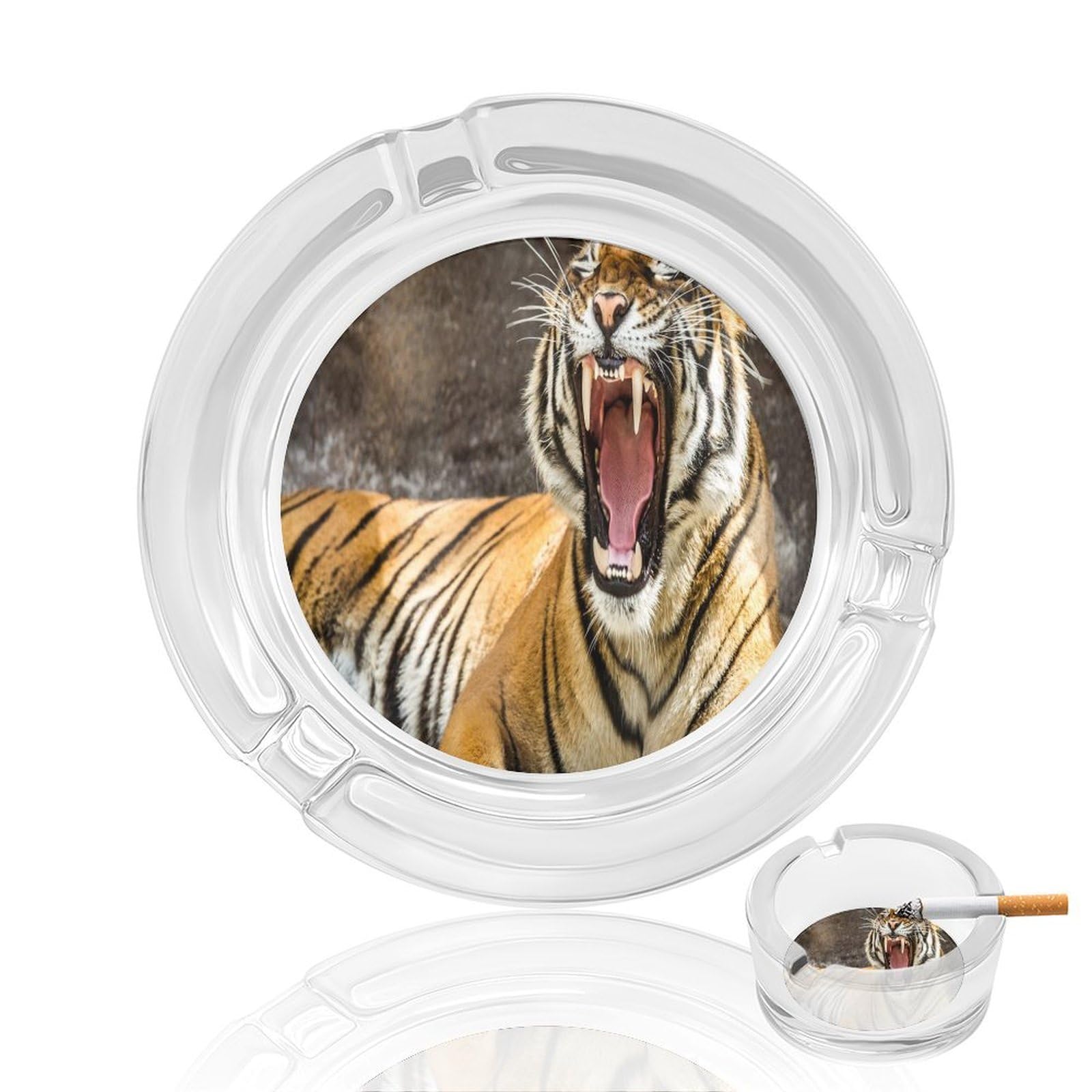 Tiger Glass Ashtray 3.3 Inch Round Cigarette Ash Holder with 4 Grooves for Home Office Outdoor One Size