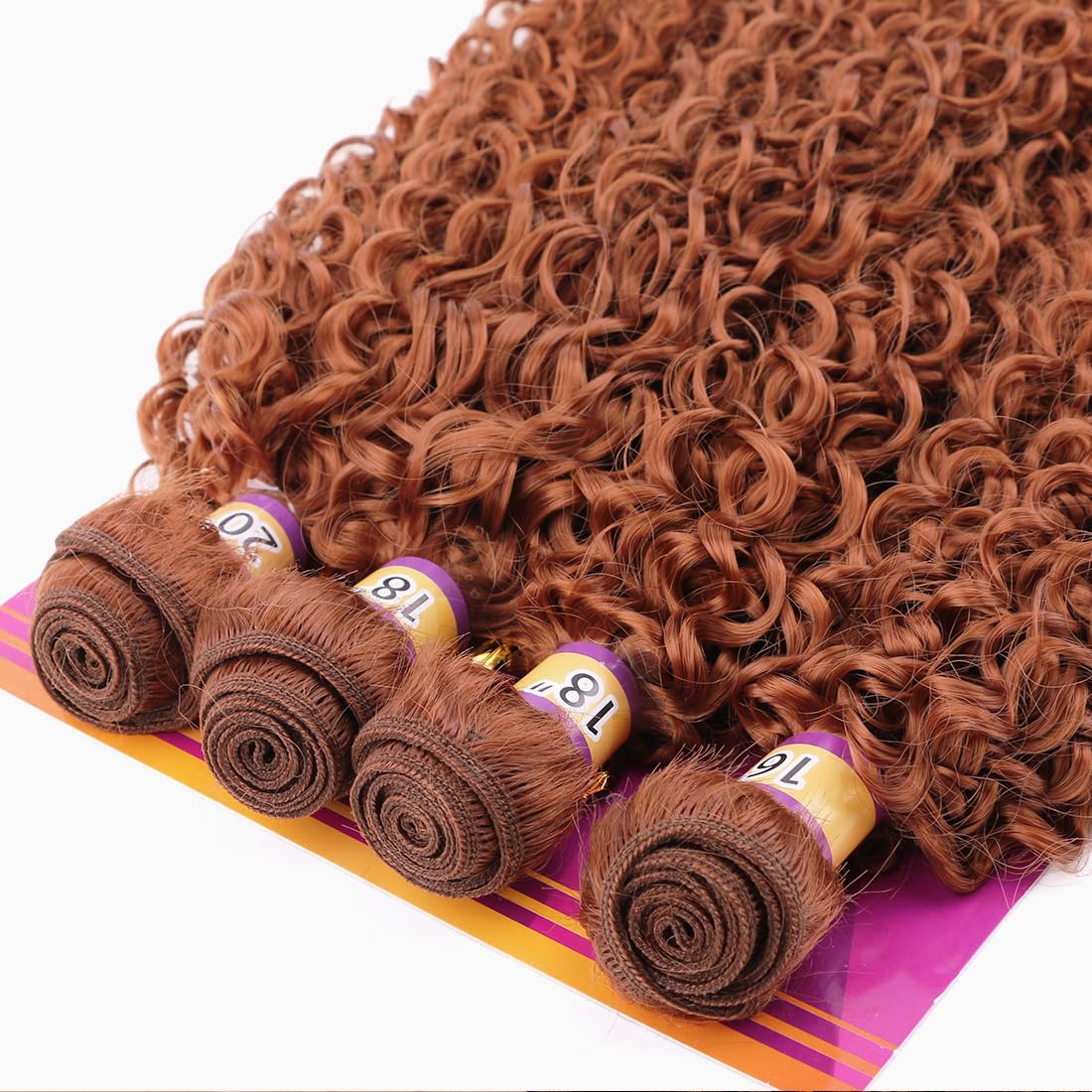 Highlight Brown Afro Kinky Curly Synthetic Hair Weave 4 Bundles 16 18 18 20 Inches Jerry Curl Synthetic Hair Weft Extensions(Color 30)