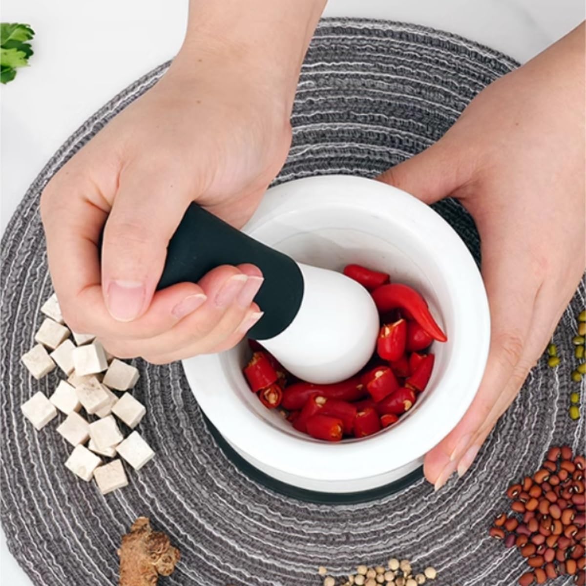 Set di Pestello per Mortaio Set di Pestelli con Manico in Silicone Antiscivolo, Base for Macina Spezie, Ciotola for Macinazione Utensile da Cucina