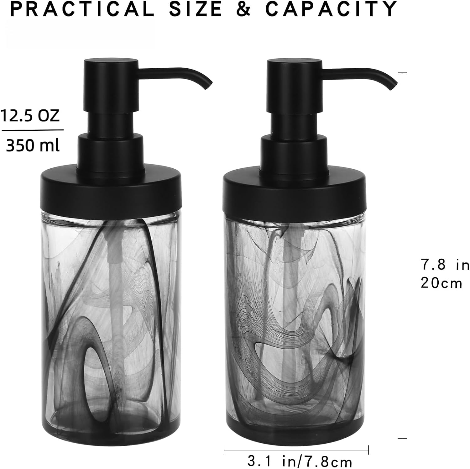 2Pcs Black Marble Glass Hand Soap Dispenser Set for Bathroom&Kitchen Decor,Easy Refill Wide-Mouthed Thick Glass Soap Bottle with Rust Free ABS Pump,Liquid Dish Soap Lotion Dispenser-12.5 Oz image 3
