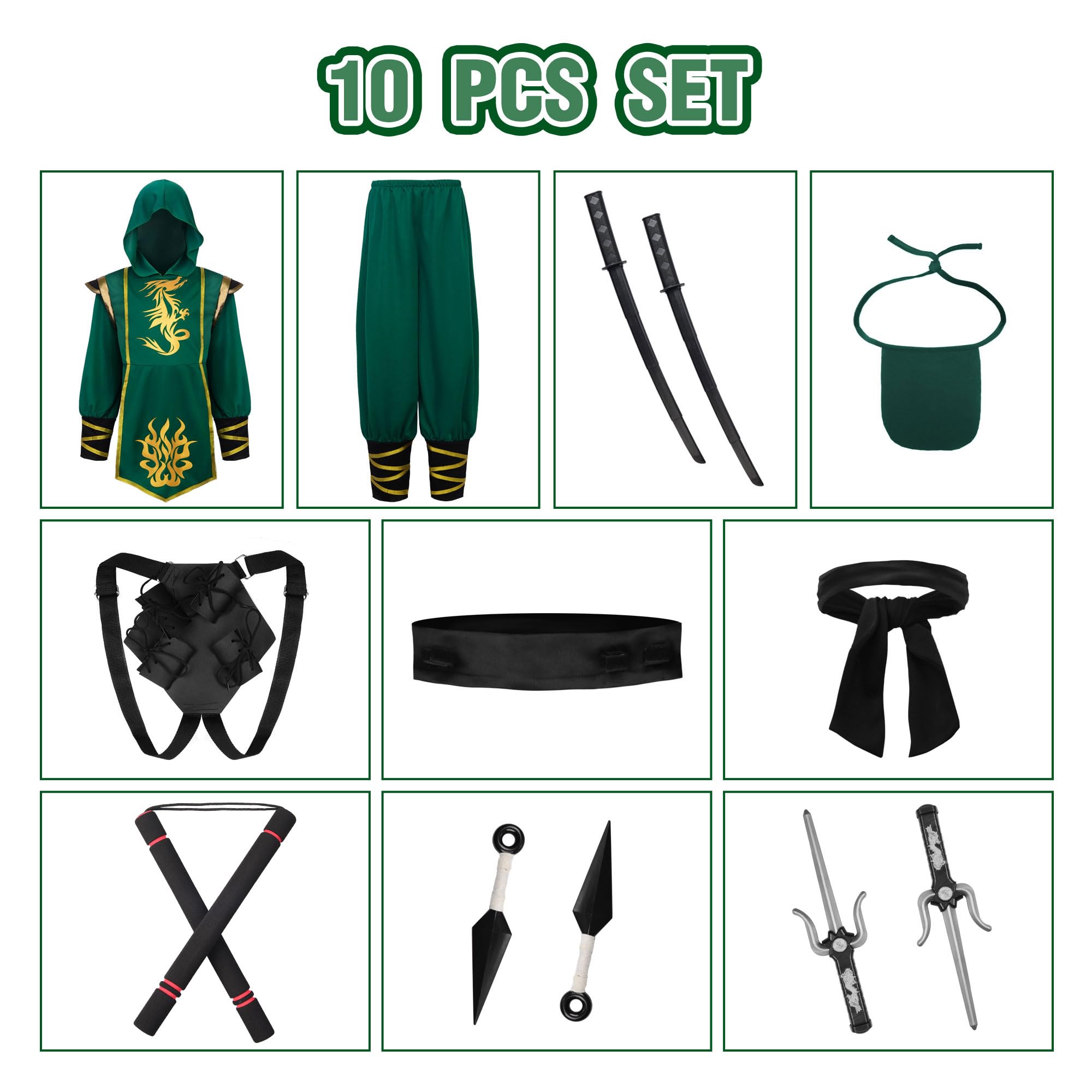 ReliBeauty Costume da ninja verde per bambini con accessori Ninja Deluxe