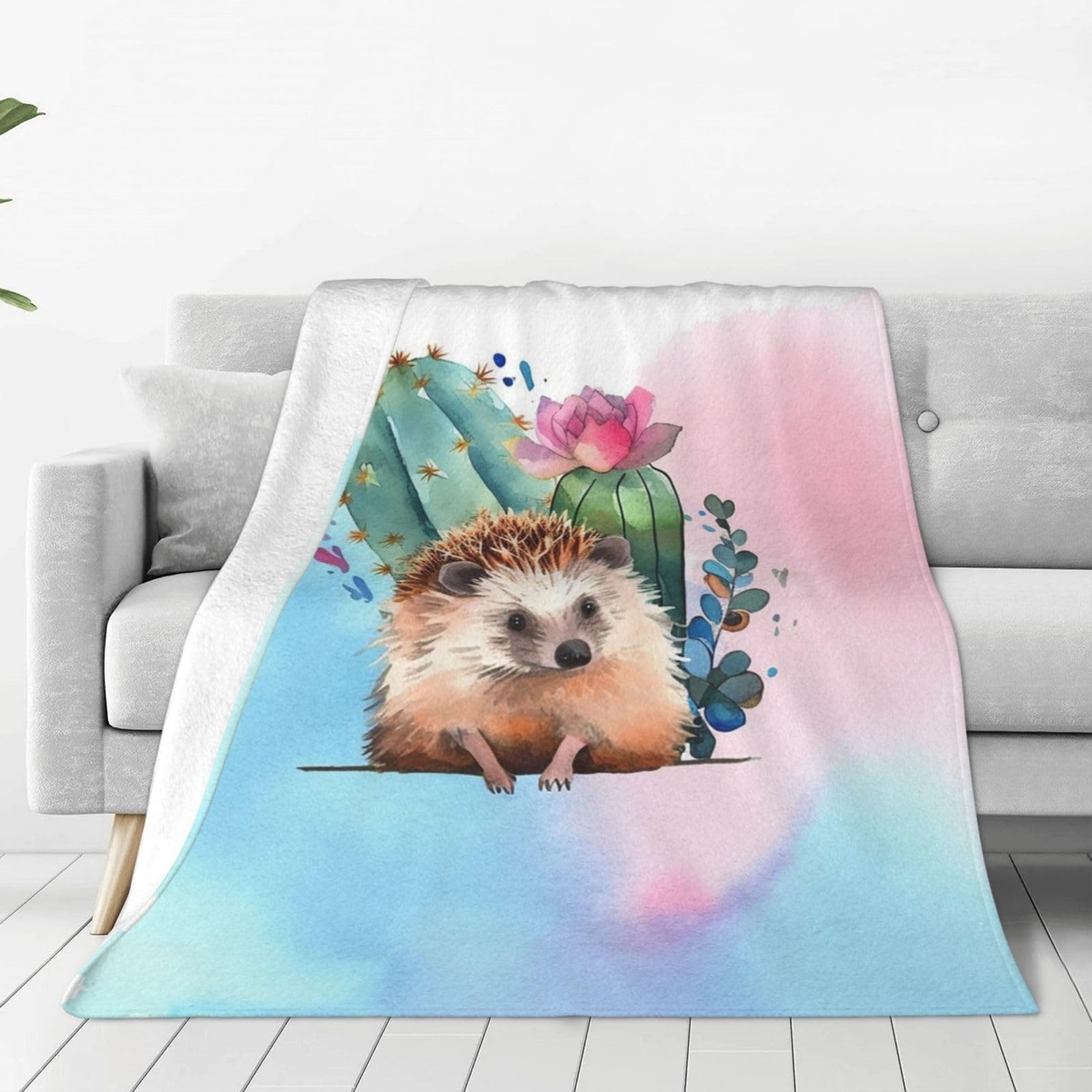 Watercolor Hedgehog Throw Blanket for Couch, Plush Fuzzy Soft Flannel Blankets and Throws for Sofa, 50"x40" Bed Blankets for Travel Camping Chair, All Season Warm Fleece Blanket