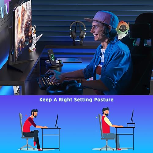 Miniatura 7 de Shintenchi Escritorio para computadora en forma de L de 46 pulgadas con luces LED y soporte para monitor, escritorio reversible para juegos con