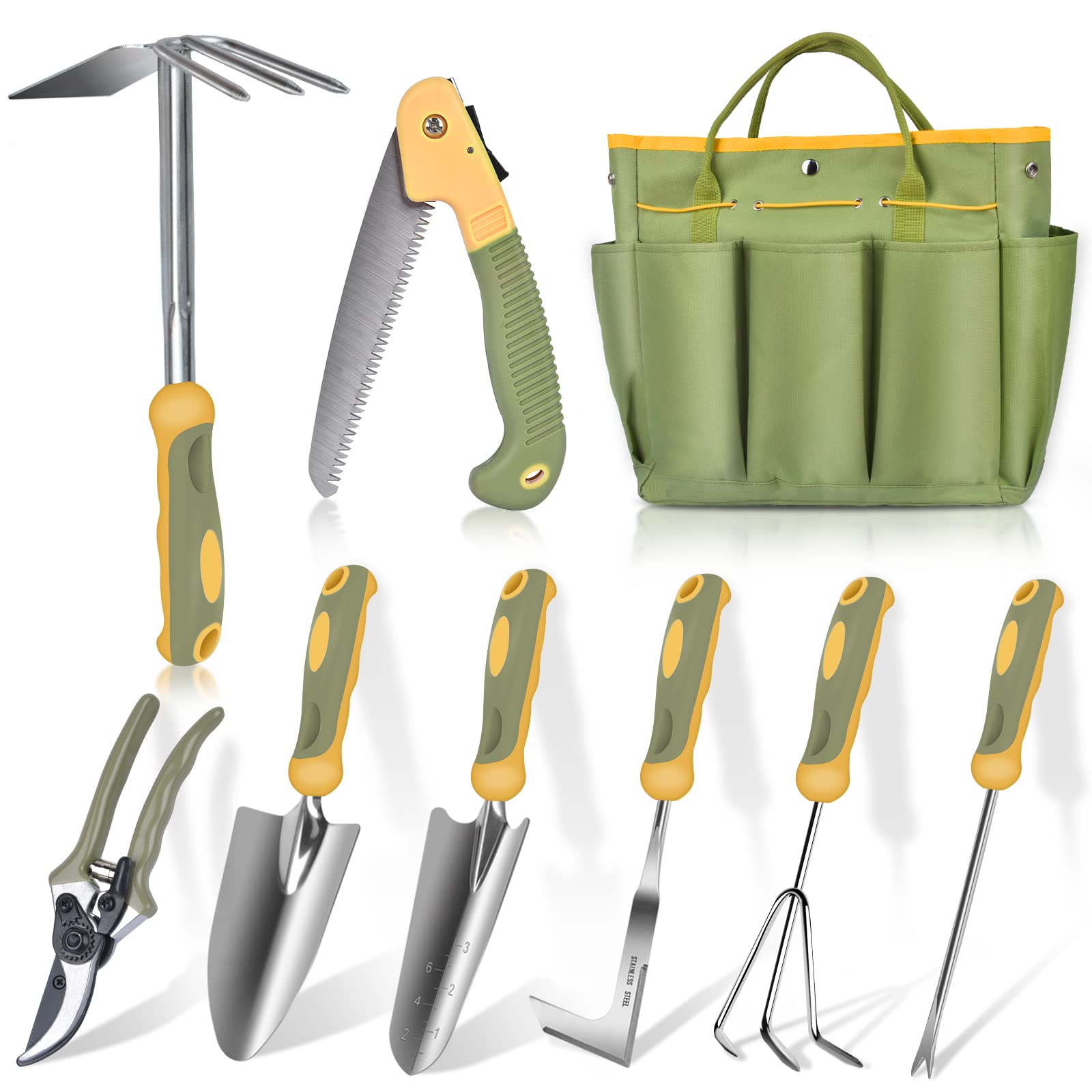 WisaKey Garden Tool Set, 9 Piece Stainless Steel Heavy Duty Green Gardening Tools with Non-Slip Ergonomic Handle, Durable Garden Tool Bag, Ideal Gardening Hand Tools, Gardening Gifts for Women and Men