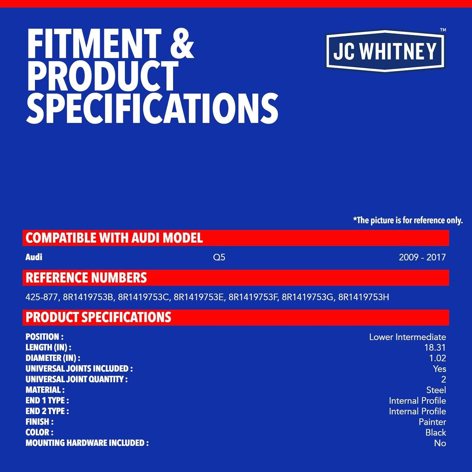 JC Whitney JFBAJCWSCS00058 Lower Intermediate Steering Shaft Column - Compatible with Audi Q5 2009-2017