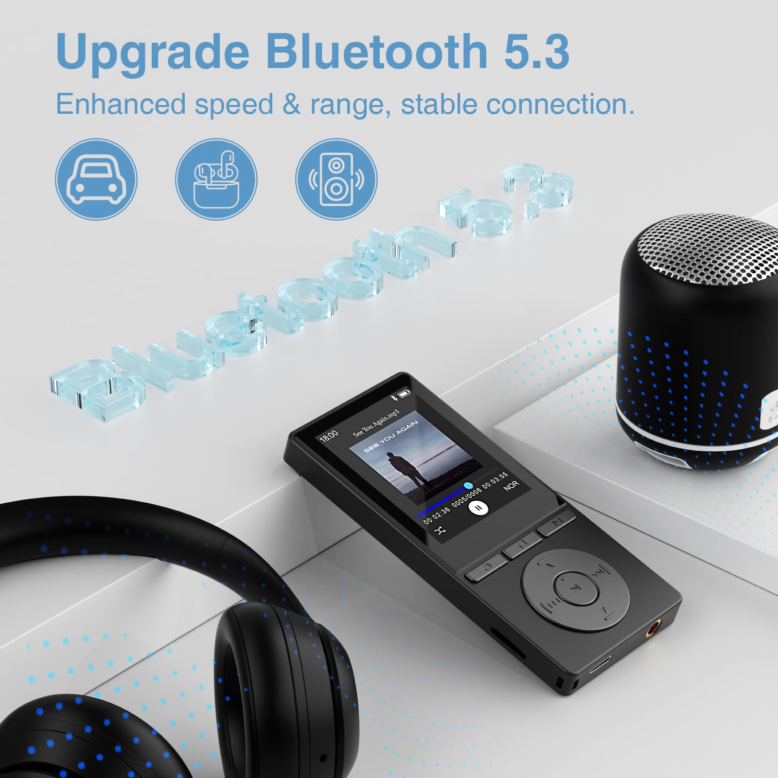 Lettore MP3 da 64 GB con Bluetooth 5.3, lettore musicale HiFi, auricolari inclusi, scheda TF inseribile, nero