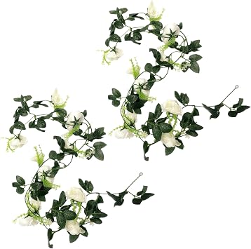 2Pack White Artificial Rose Garland Fake Silk Flower Vine with Greenery Hanging Plants Floral Garlands for Wedding Home Garden Wall Decoration