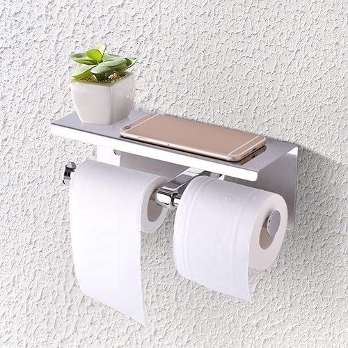 Soporte doble de papel higiénico con estante - Dispensador de acero inoxidable TP montado en la pared - Almacenamiento multiusos para baño