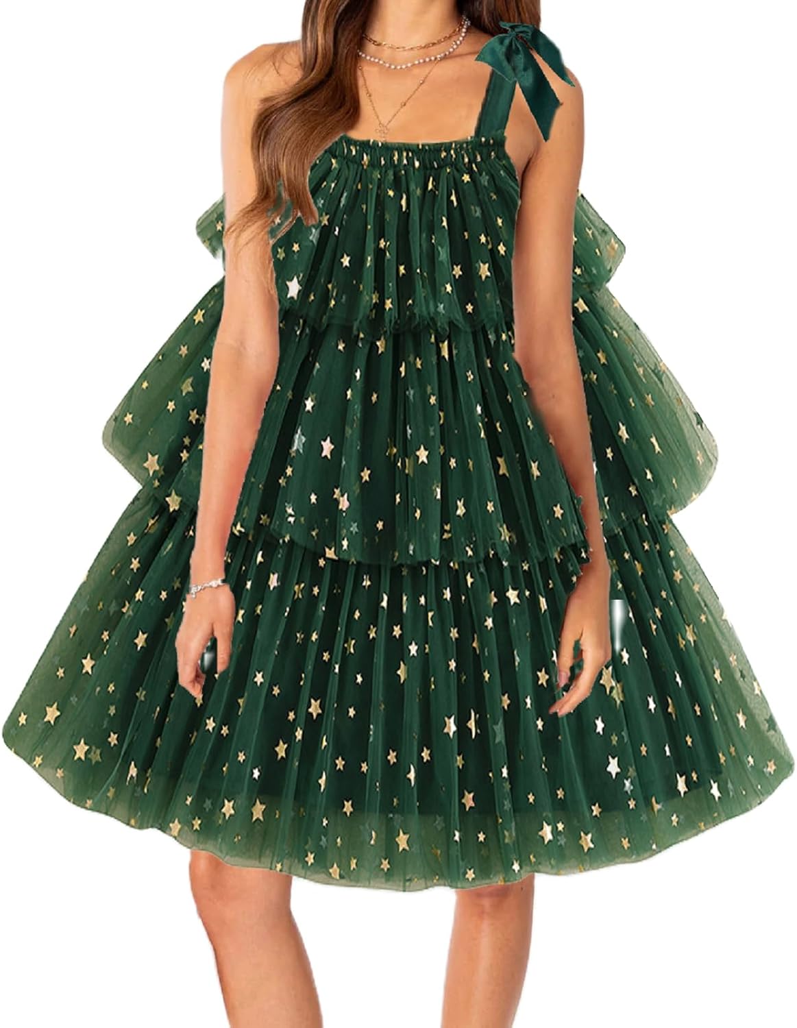 Women Christmas Tree Dress Sleeveless Sequin Layered Tulle Tutu Green Dress Christmas Xmas Tree Costume